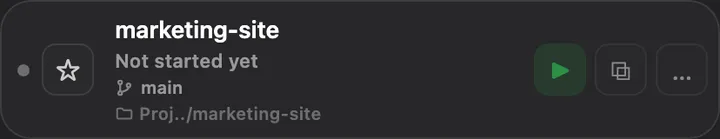 A stopped project row showing marketing-site, ready to start again